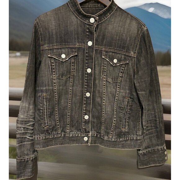 Gap Jean Jacket Womens Stretch Black Denim Cotton Biker Trucker‎ Size L - Picture 1 of 13